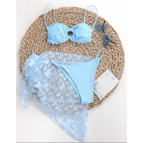 3Pack Plain Scallop Trim Ring Linked Bikini Swimsuit & BeachSkirt - Picture 3 of 9